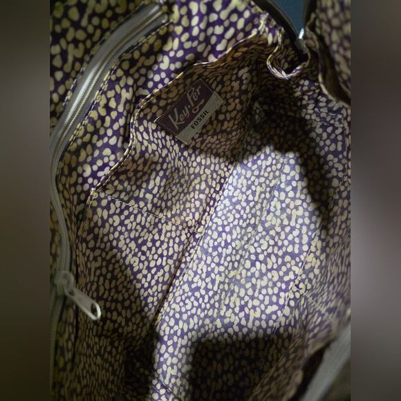 FOSSILKEY-COATED CANVAS Bowler TOP HANDLE SMALL TOTE GRAY PURPLE BIRD BAG 13x8 - Picture 11 of 11